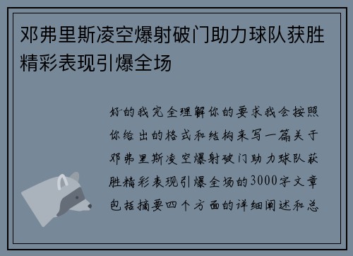 邓弗里斯凌空爆射破门助力球队获胜精彩表现引爆全场